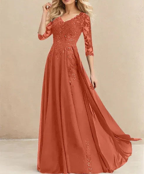 A-line V-Neck Floor-Length Lace Chiffon Mother of the Bride Dress With Sequins