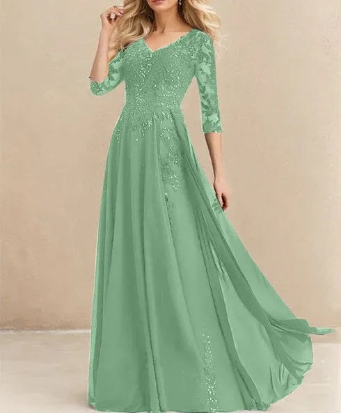A-line V-Neck Floor-Length Lace Chiffon Mother of the Bride Dress With Sequins