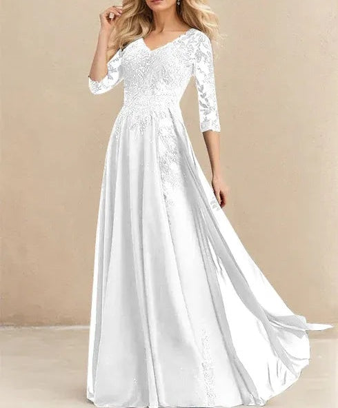 A-line V-Neck Floor-Length Lace Chiffon Mother of the Bride Dress With Sequins