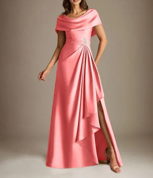 A-Line Scoop Floor-Length Stretch Satin Mother of the Bride Dress With Cascading Ruffles