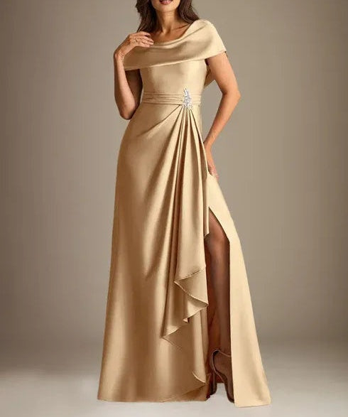 A-Line Scoop Floor-Length Stretch Satin Mother of the Bride Dress With Cascading Ruffles