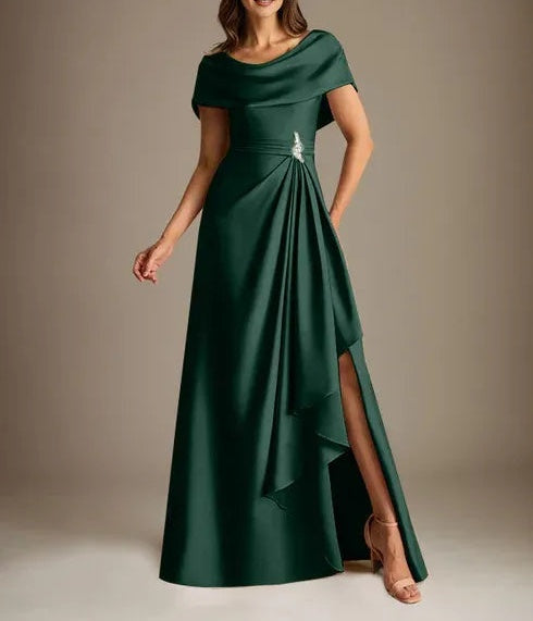 A-Line Scoop Floor-Length Stretch Satin Mother of the Bride Dress With Cascading Ruffles