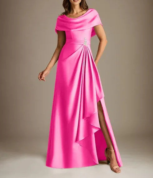 A-Line Scoop Floor-Length Stretch Satin Mother of the Bride Dress With Cascading Ruffles