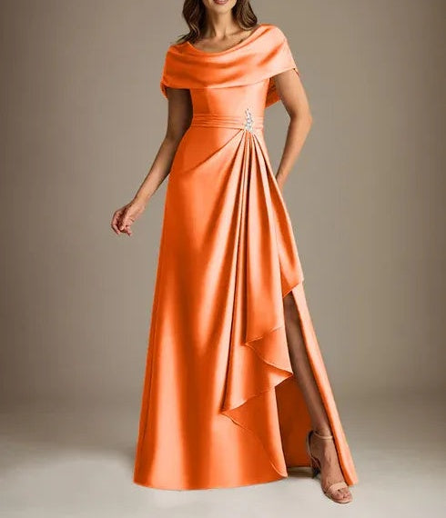 A-Line Scoop Floor-Length Stretch Satin Mother of the Bride Dress With Cascading Ruffles