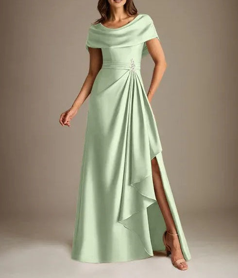 A-Line Scoop Floor-Length Stretch Satin Mother of the Bride Dress With Cascading Ruffles