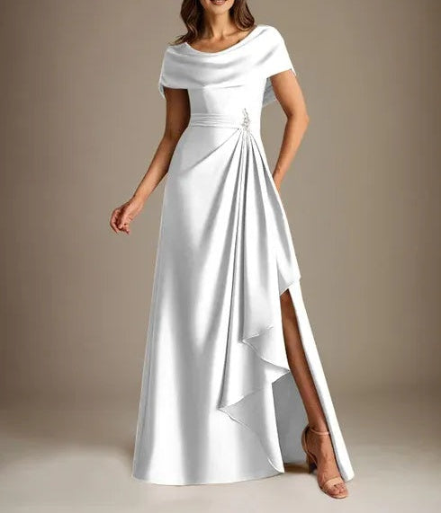 A-Line Scoop Floor-Length Stretch Satin Mother of the Bride Dress With Cascading Ruffles