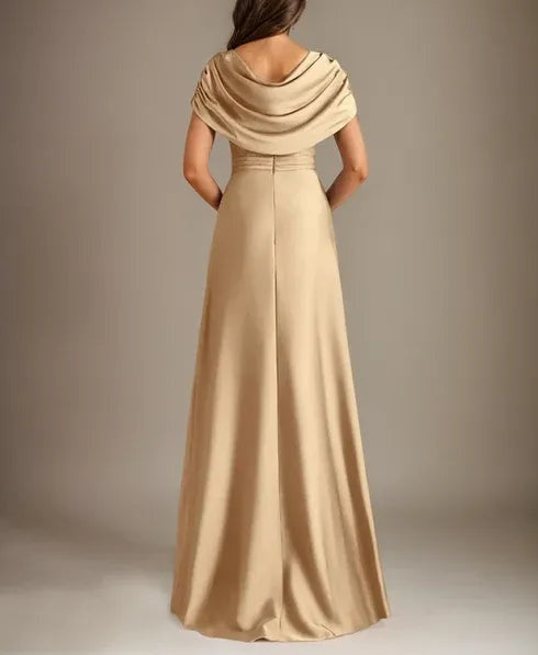 A-Line Scoop Floor-Length Stretch Satin Mother of the Bride Dress With Cascading Ruffles