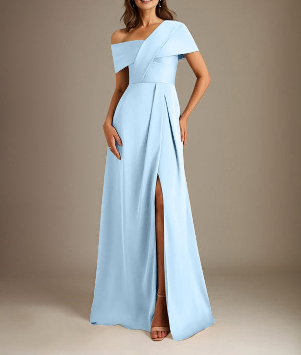 A-Line Asymmetrical Neckline Floor-Length Satin Mother of the Bride Dress With Pleated