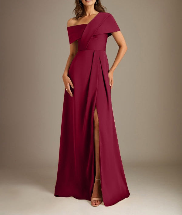 A-Line Asymmetrical Neckline Floor-Length Satin Mother of the Bride Dress With Pleated