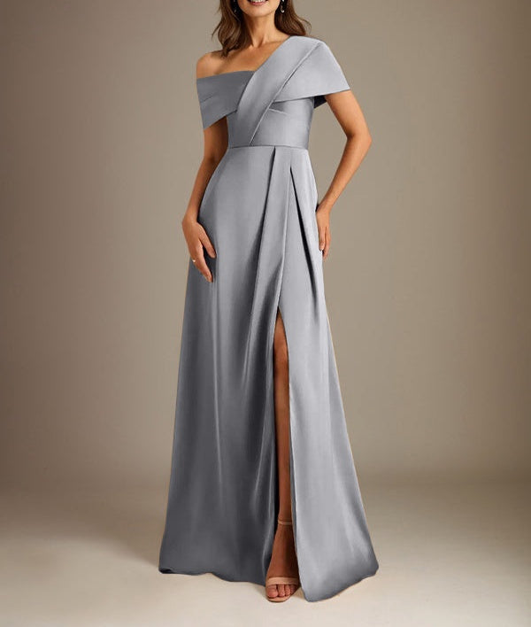 A-Line Asymmetrical Neckline Floor-Length Satin Mother of the Bride Dress With Pleated