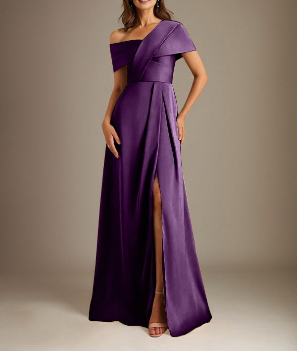 A-Line Asymmetrical Neckline Floor-Length Satin Mother of the Bride Dress With Pleated