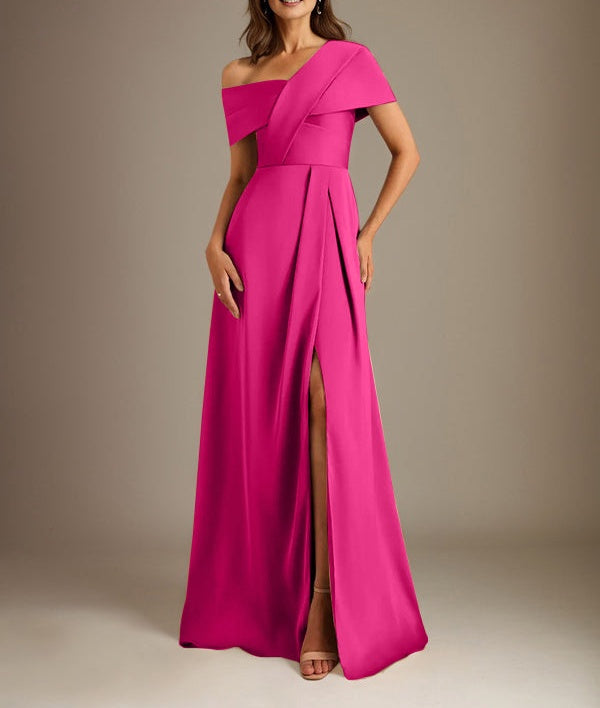 A-Line Asymmetrical Neckline Floor-Length Satin Mother of the Bride Dress With Pleated