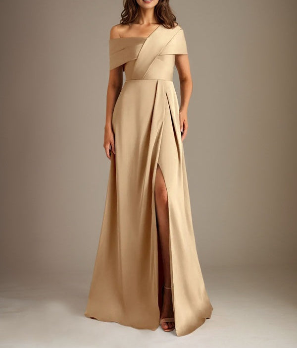A-Line Asymmetrical Neckline Floor-Length Satin Mother of the Bride Dress With Pleated