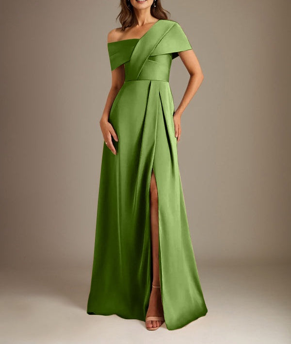 A-Line Asymmetrical Neckline Floor-Length Satin Mother of the Bride Dress With Pleated