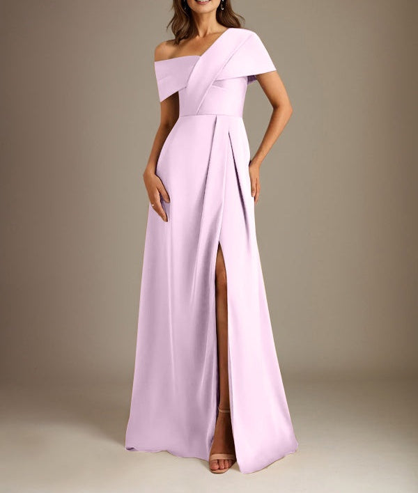 A-Line Asymmetrical Neckline Floor-Length Satin Mother of the Bride Dress With Pleated