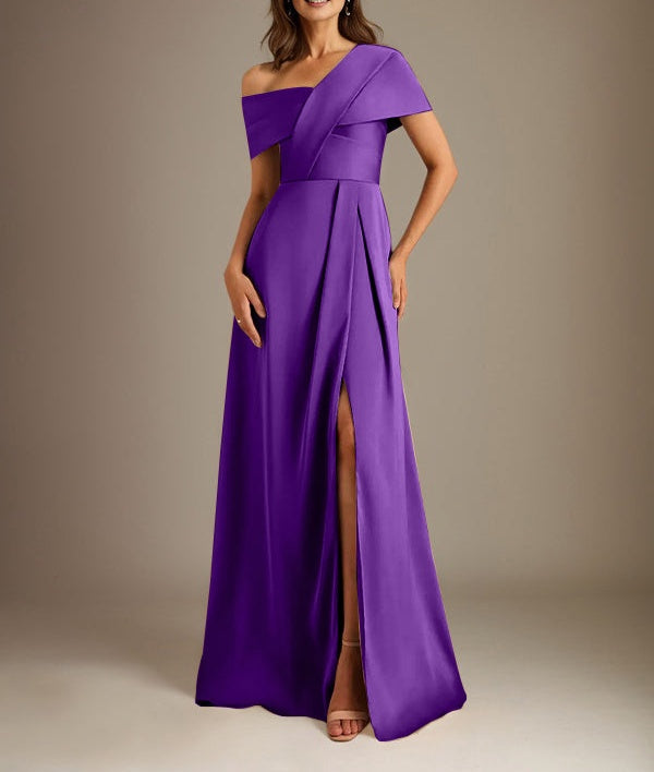 A-Line Asymmetrical Neckline Floor-Length Satin Mother of the Bride Dress With Pleated