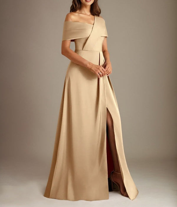 A-Line Asymmetrical Neckline Floor-Length Satin Mother of the Bride Dress With Pleated