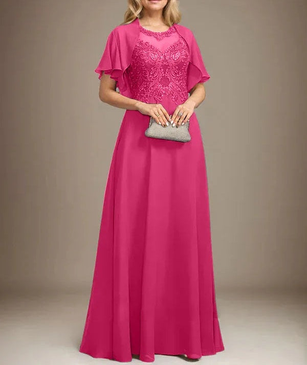 A-line Scoop Illusion Floor-Length Lace Chiffon Mother of the Bride Dress With Sequins