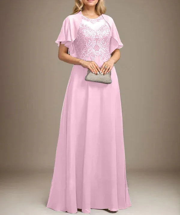 A-line Scoop Illusion Floor-Length Lace Chiffon Mother of the Bride Dress With Sequins