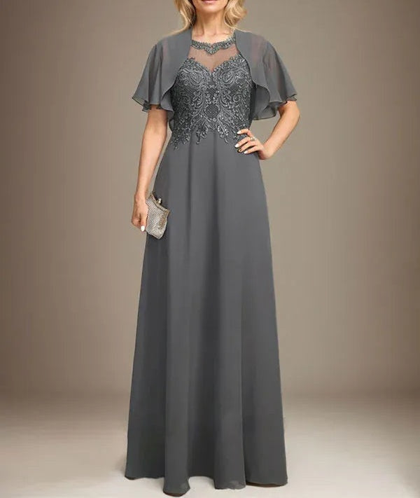A-line Scoop Illusion Floor-Length Lace Chiffon Mother of the Bride Dress With Sequins