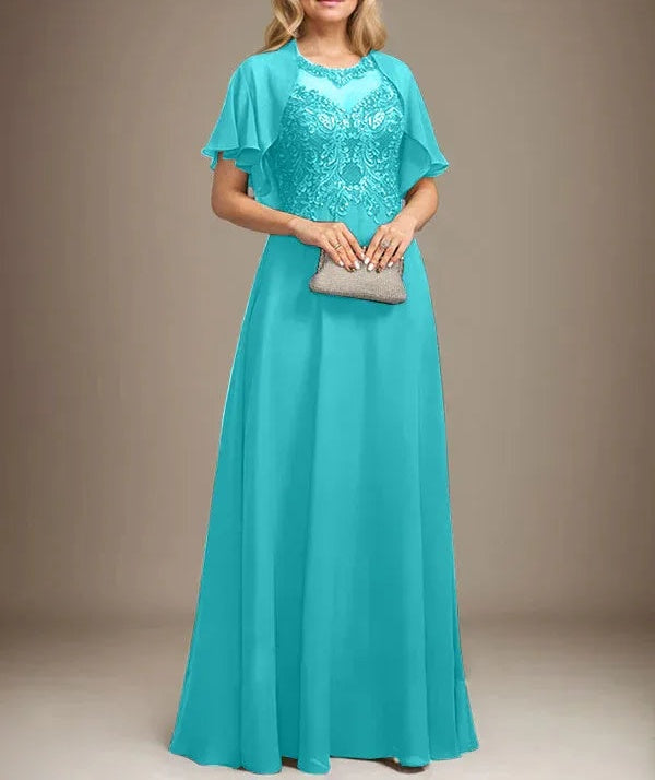 A-line Scoop Illusion Floor-Length Lace Chiffon Mother of the Bride Dress With Sequins