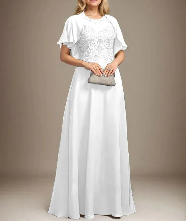 A-line Scoop Illusion Floor-Length Lace Chiffon Mother of the Bride Dress With Sequins