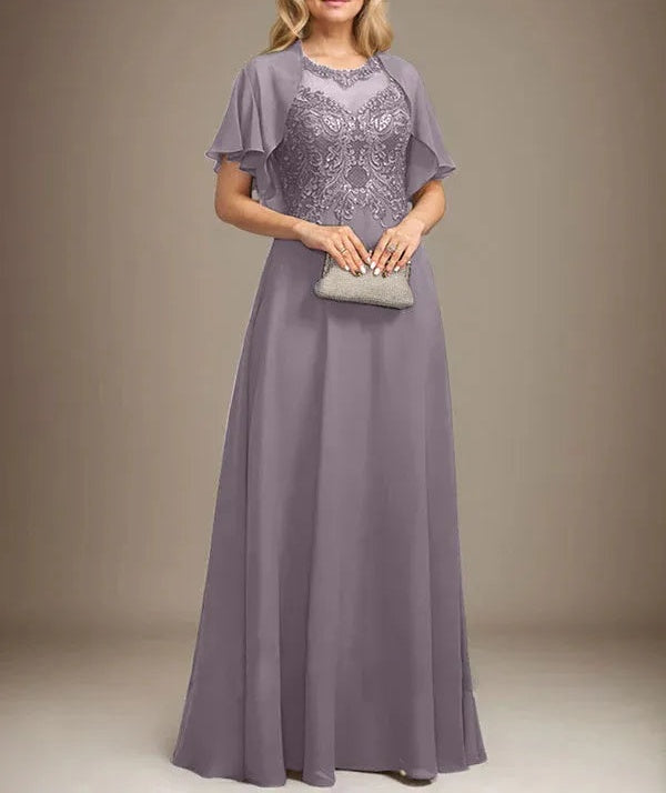 A-line Scoop Illusion Floor-Length Lace Chiffon Mother of the Bride Dress With Sequins