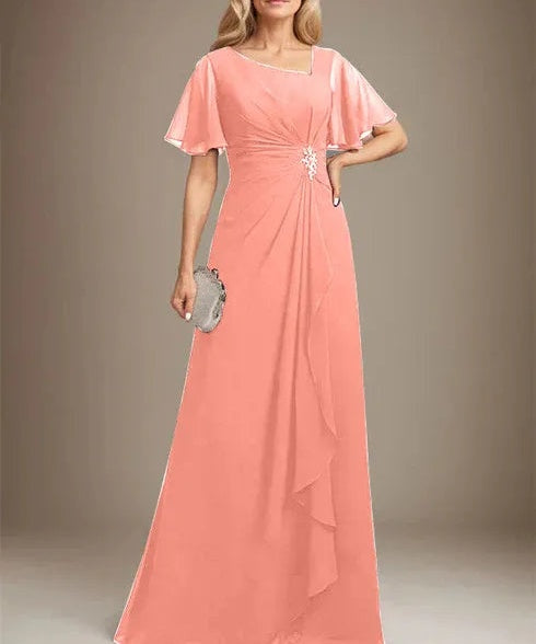 A-line Asymmetrical Floor-Length Chiffon Mother of the Bride Dress With Pleated Beading Sequins