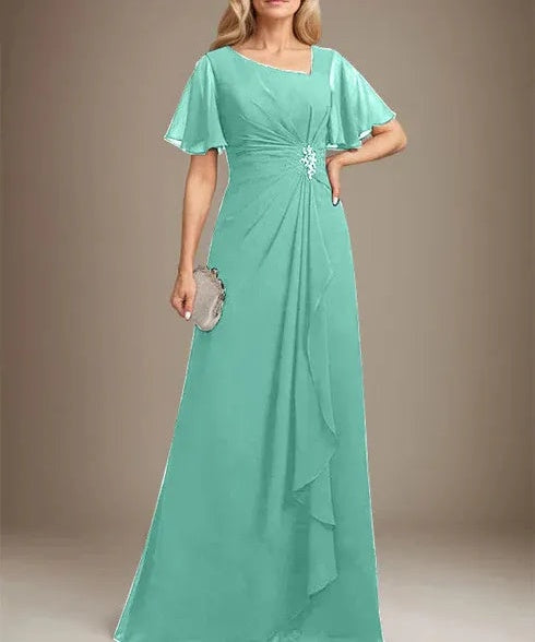 A-line Asymmetrical Floor-Length Chiffon Mother of the Bride Dress With Pleated Beading Sequins