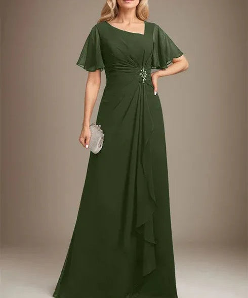 A-line Asymmetrical Floor-Length Chiffon Mother of the Bride Dress With Pleated Beading Sequins