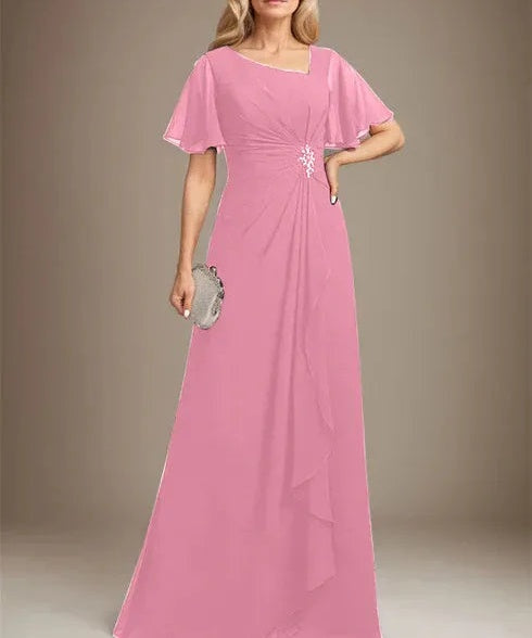 A-line Asymmetrical Floor-Length Chiffon Mother of the Bride Dress With Pleated Beading Sequins