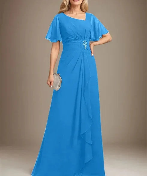 A-line Asymmetrical Floor-Length Chiffon Mother of the Bride Dress With Pleated Beading Sequins