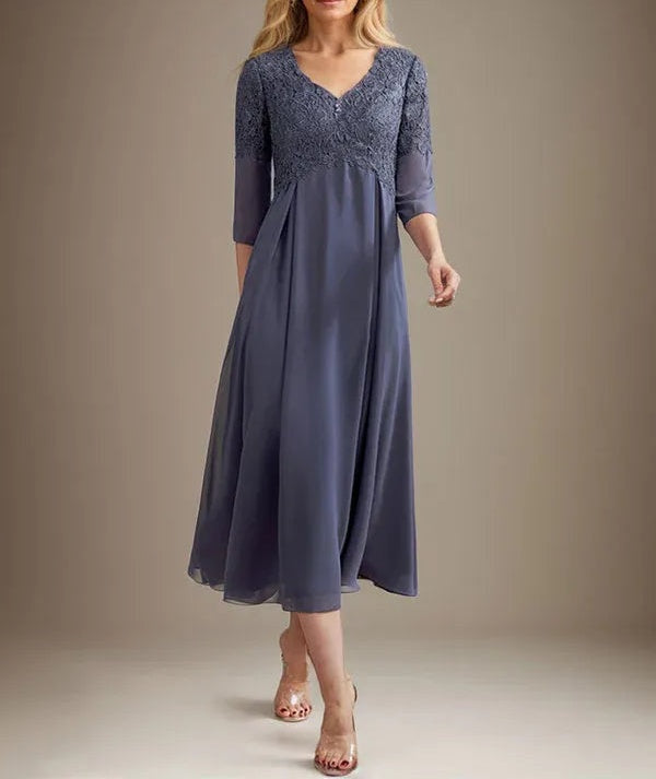 A-line V-Neck Tea-Length Chiffon Lace Mother of the Bride Dress With Beading