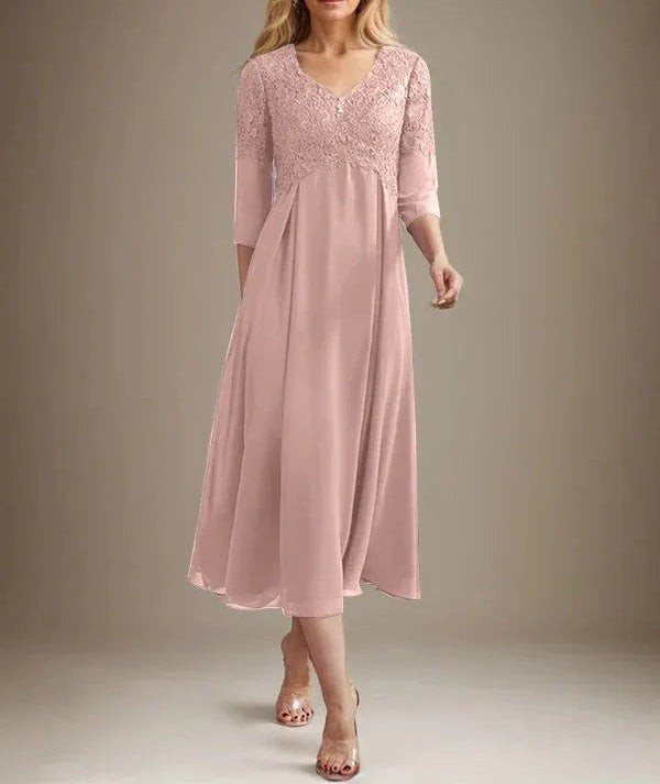 A-line V-Neck Tea-Length Chiffon Lace Mother of the Bride Dress With Beading