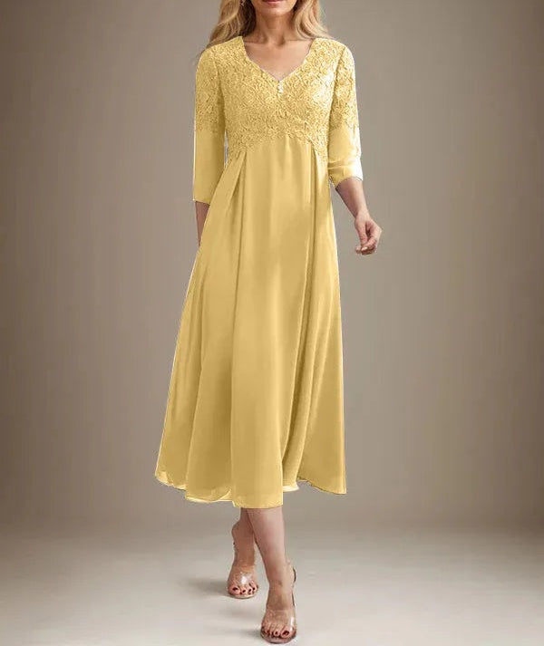 A-line V-Neck Tea-Length Chiffon Lace Mother of the Bride Dress With Beading