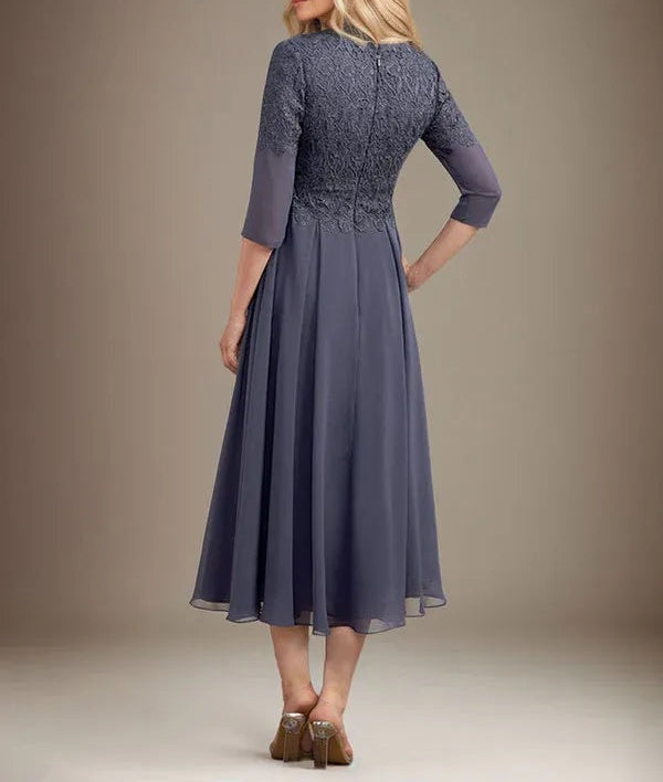 A-line V-Neck Tea-Length Chiffon Lace Mother of the Bride Dress With Beading