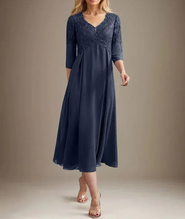 A-line V-Neck Tea-Length Chiffon Lace Mother of the Bride Dress With Beading