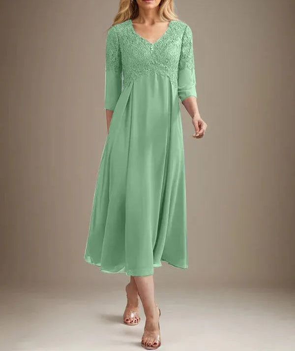 A-line V-Neck Tea-Length Chiffon Lace Mother of the Bride Dress With Beading