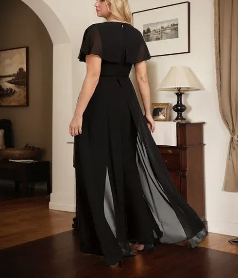 Jumpsuit/Pantsuit V-Neck Floor-Length Chiffon Evening Dress
