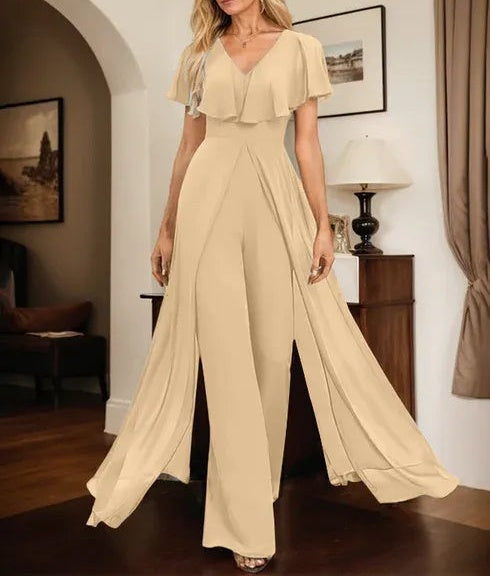 Jumpsuit/Pantsuit V-Neck Floor-Length Chiffon Evening Dress