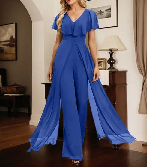 Jumpsuit/Pantsuit V-Neck Floor-Length Chiffon Evening Dress