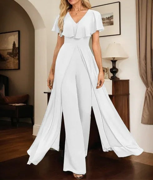 Jumpsuit/Pantsuit V-Neck Floor-Length Chiffon Evening Dress