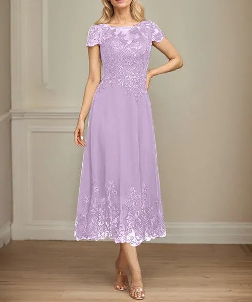 A-line Illusion Scoop Tea-Length Lace Chiffon Mother of the Bride Dress With Sequins
