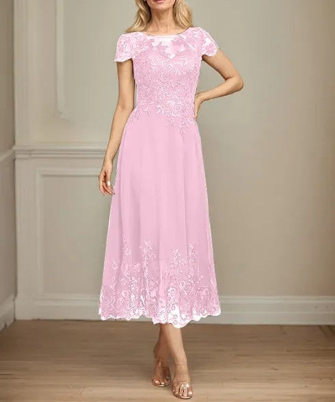 A-line Illusion Scoop Tea-Length Lace Chiffon Mother of the Bride Dress With Sequins