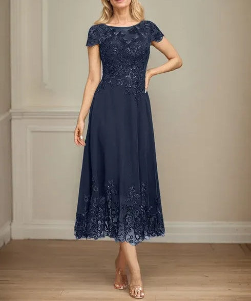 A-line Illusion Scoop Tea-Length Lace Chiffon Mother of the Bride Dress With Sequins