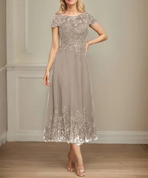 A-line Illusion Scoop Tea-Length Lace Chiffon Mother of the Bride Dress With Sequins