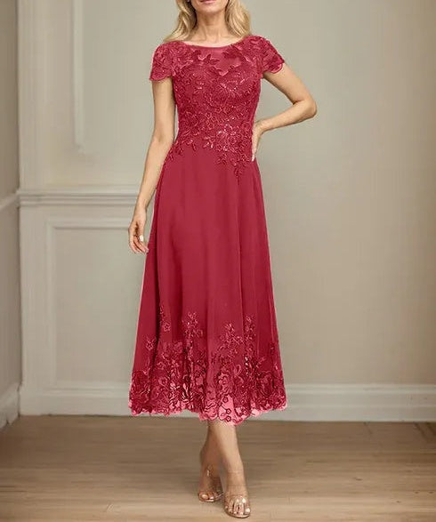 A-line Illusion Scoop Tea-Length Lace Chiffon Mother of the Bride Dress With Sequins