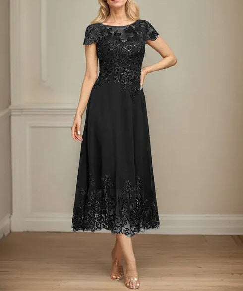 A-line Illusion Scoop Tea-Length Lace Chiffon Mother of the Bride Dress With Sequins