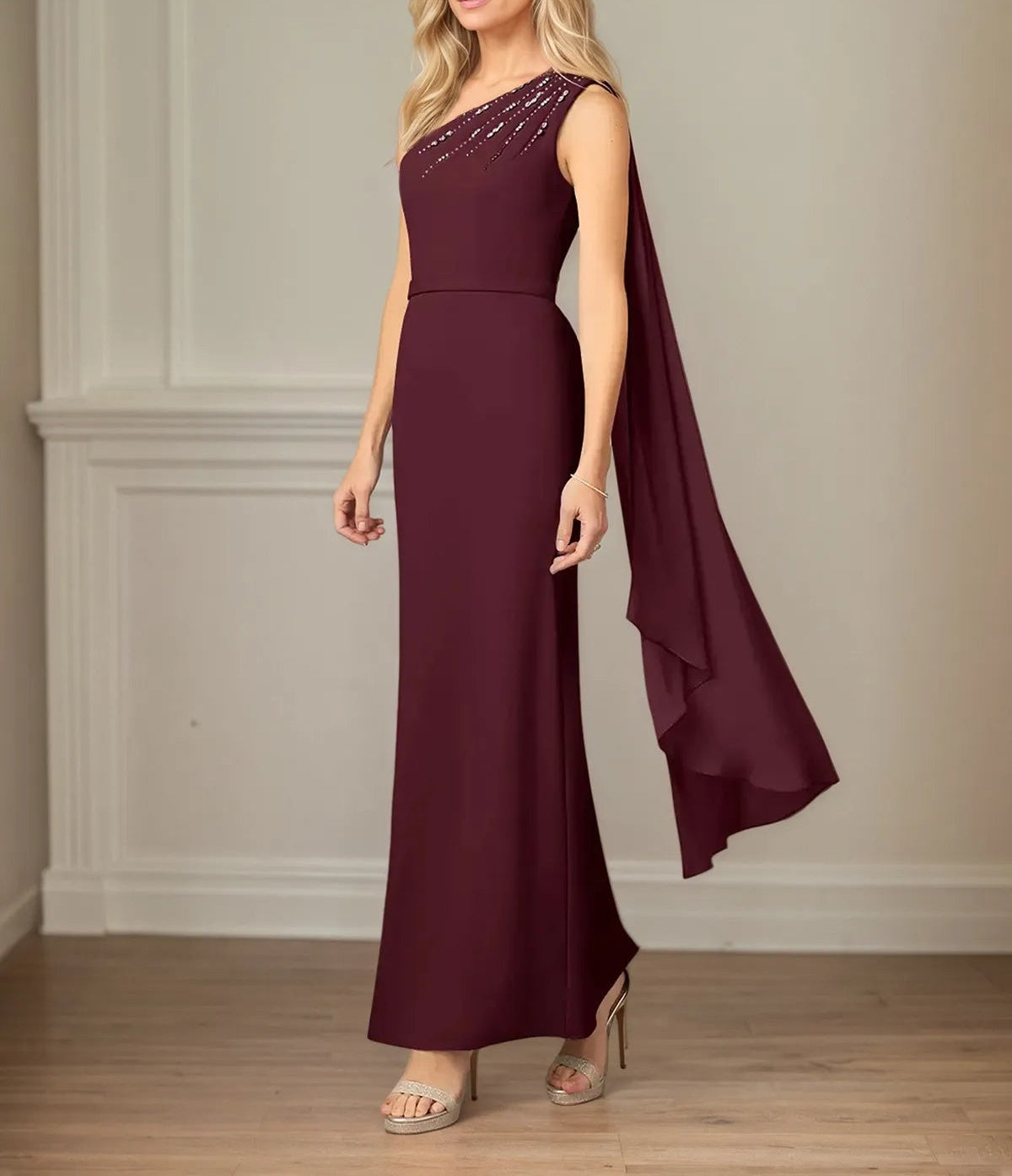 Sheath/Column Chiffon One Shoulder Sleeveless Floor Length Dress