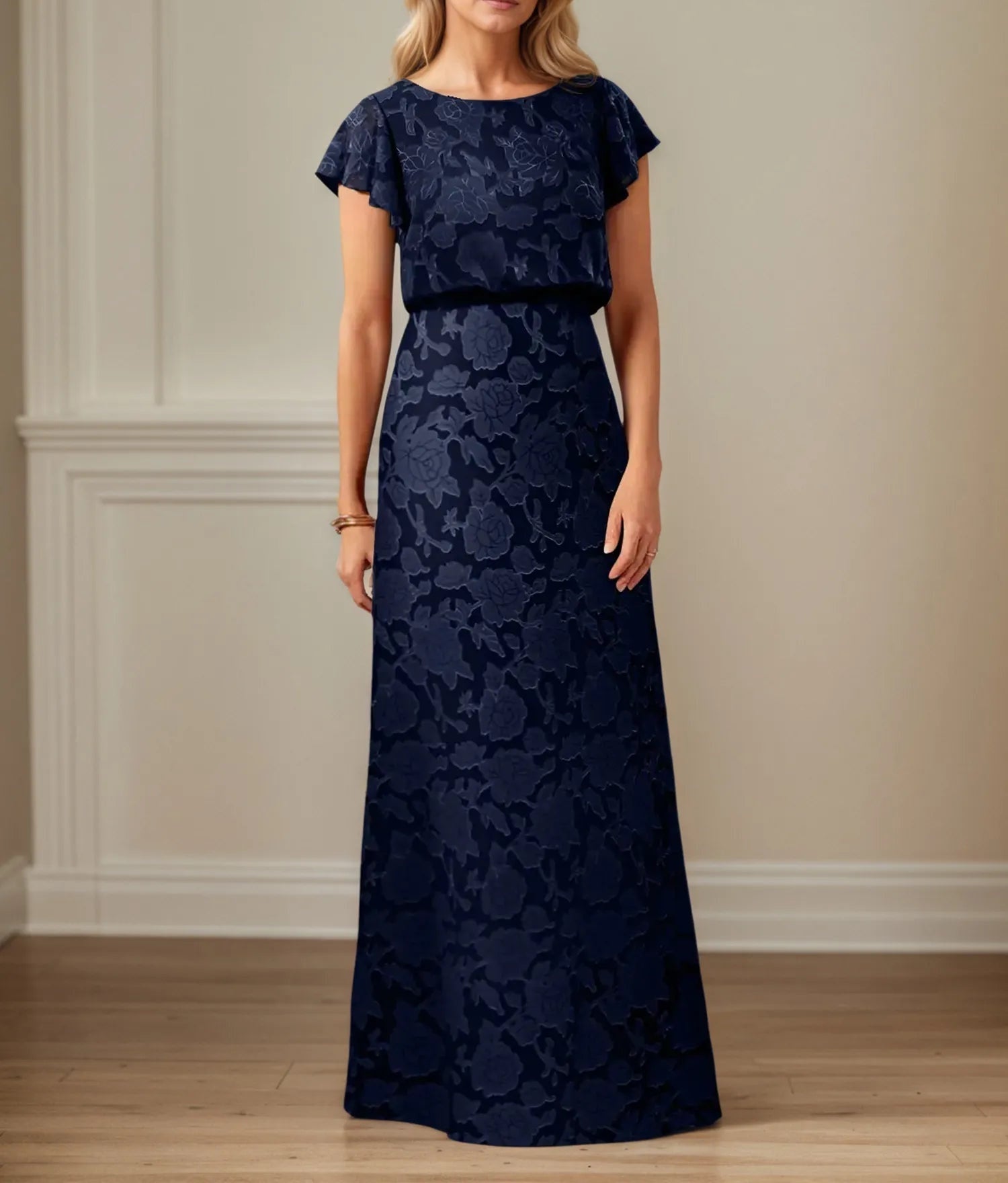 A Line Boat Neck Short Sleeve Floral Burnout Mother of the Bride Dress